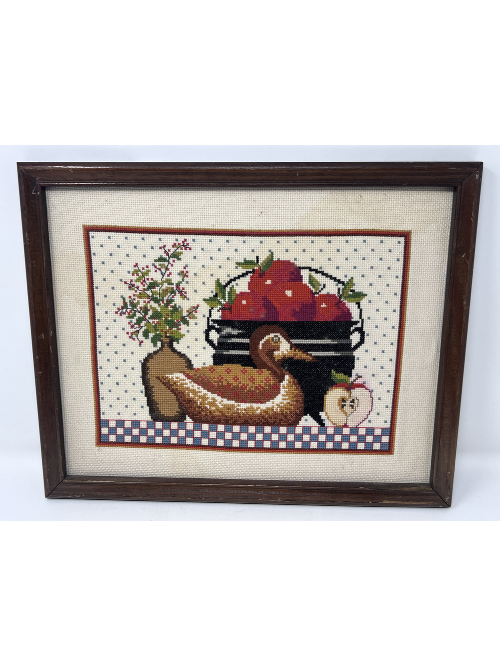 Vintage Framed Cross Stitch Art with Duck and Apples Design